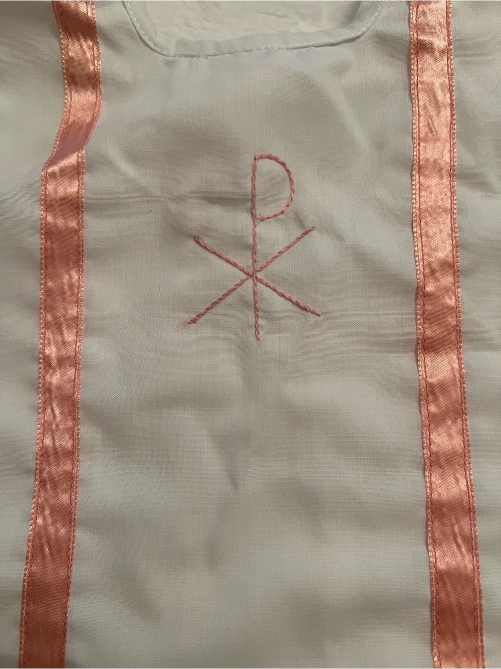 Vintage Christening Baptism Bib White Peach Satin Stripes Christogram Stitched